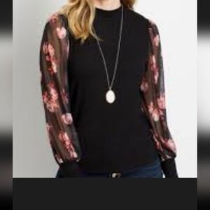 Maurices Black Top with Sheer Floral Sleeves. Mockneck. Xl